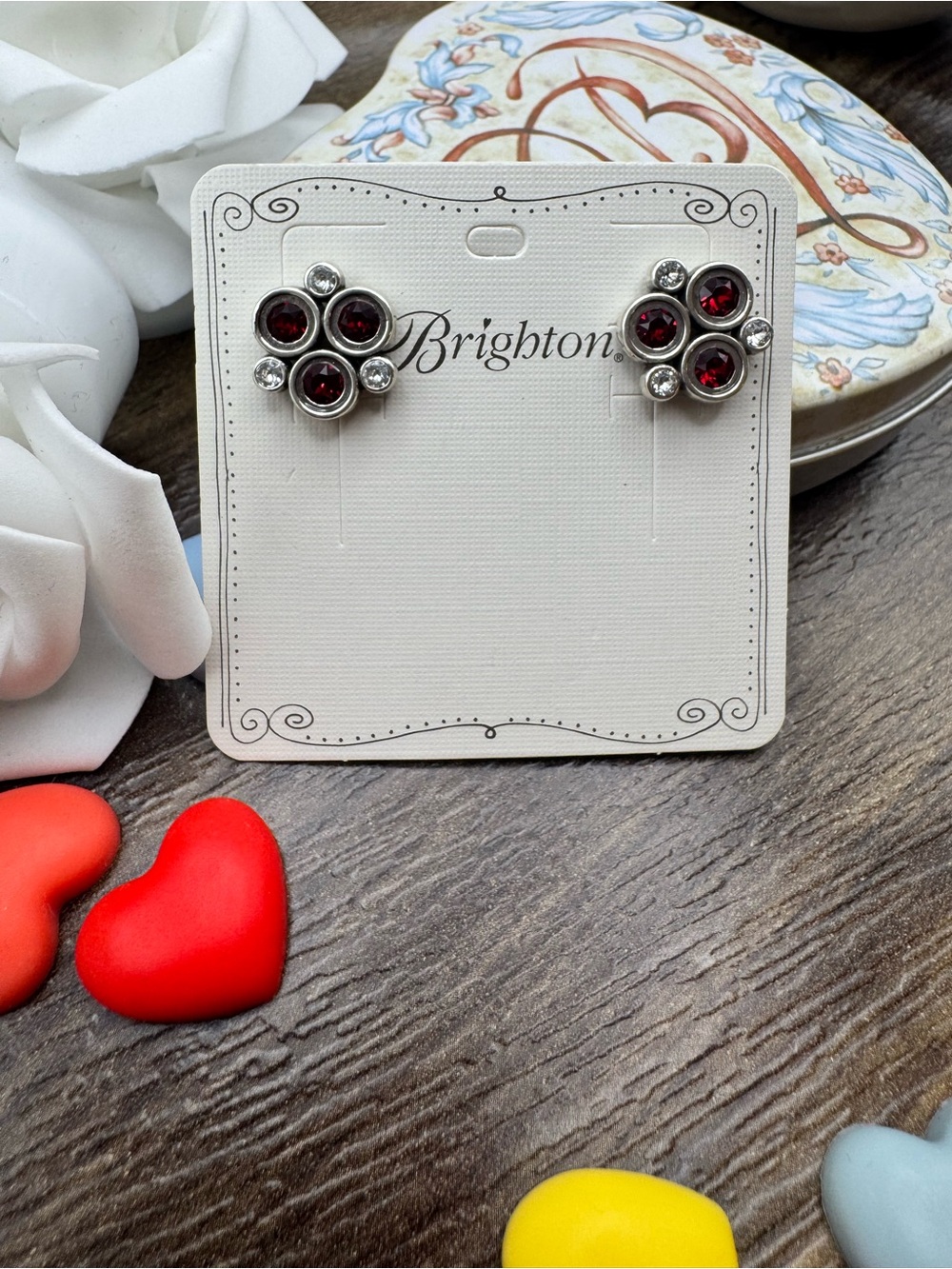 Brighton Consuela Red Cluster Stud Earrings with Crystal and Silver Accents